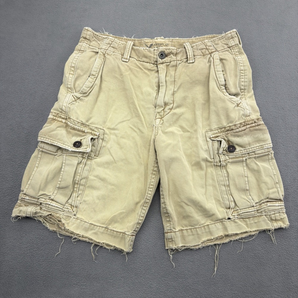 American Eagle Cargo Shorts Mens 32 Khaki Tan Military Classic Length Frayed Hem